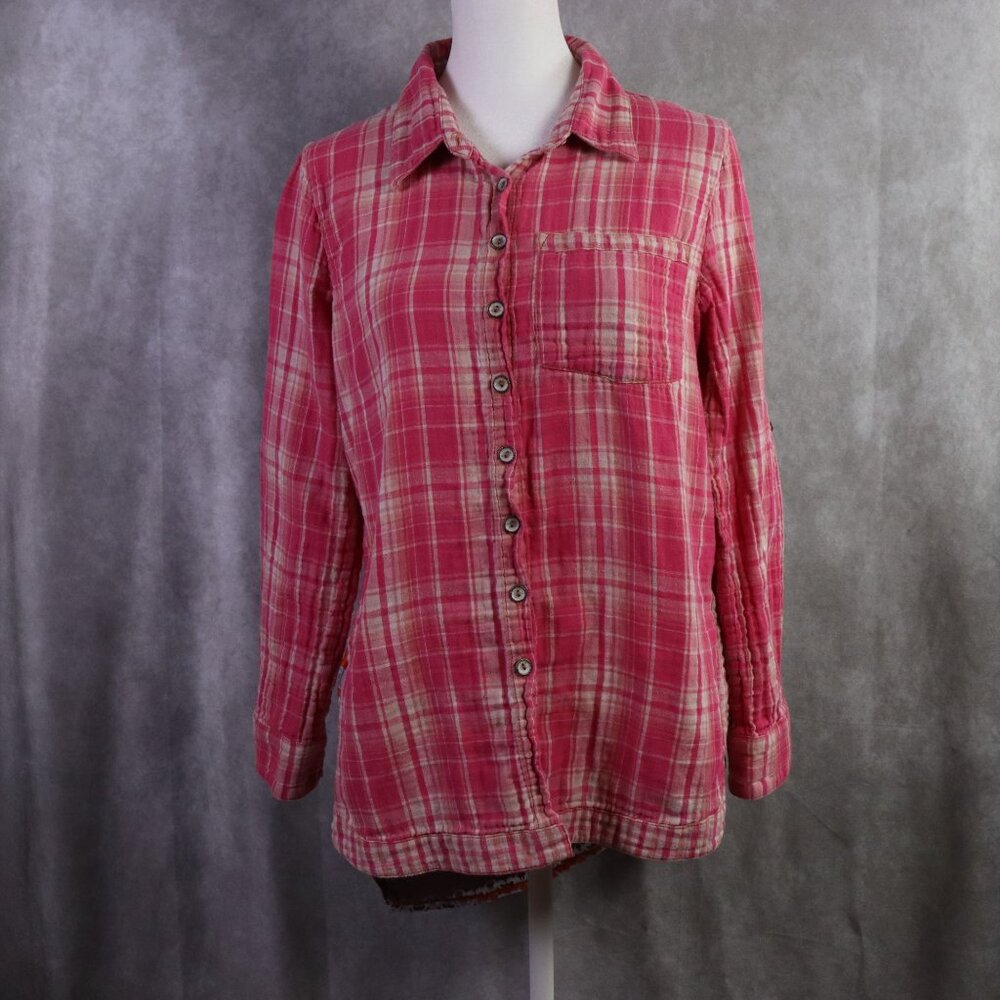 Cyrena Top Womens Small Pink Colorful Plaid Floral Button Long Sleeve Boho - Picture 2 of 8